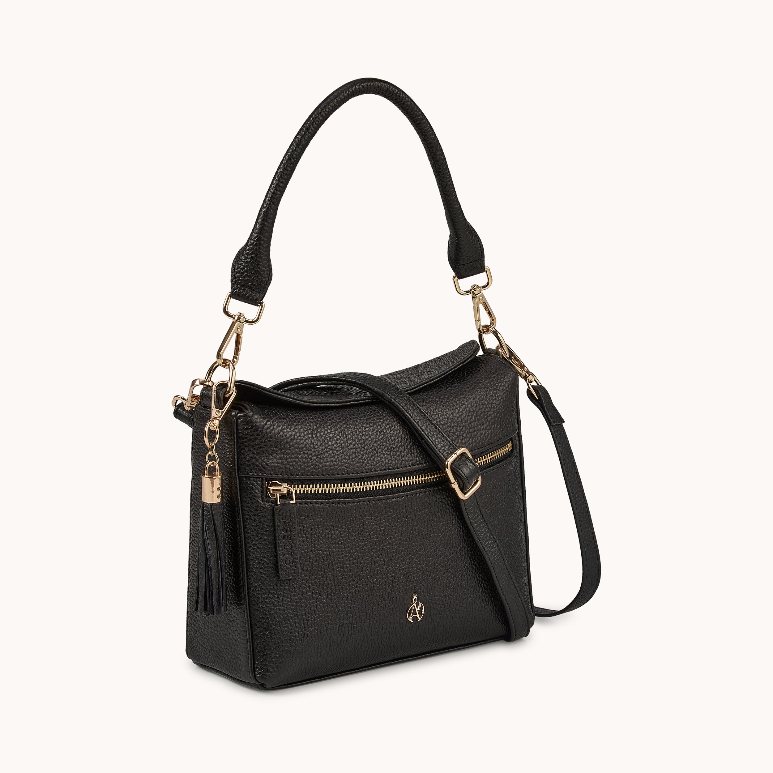 'FIONA' Black Pebble Grain Real Leather Shoulder Bag