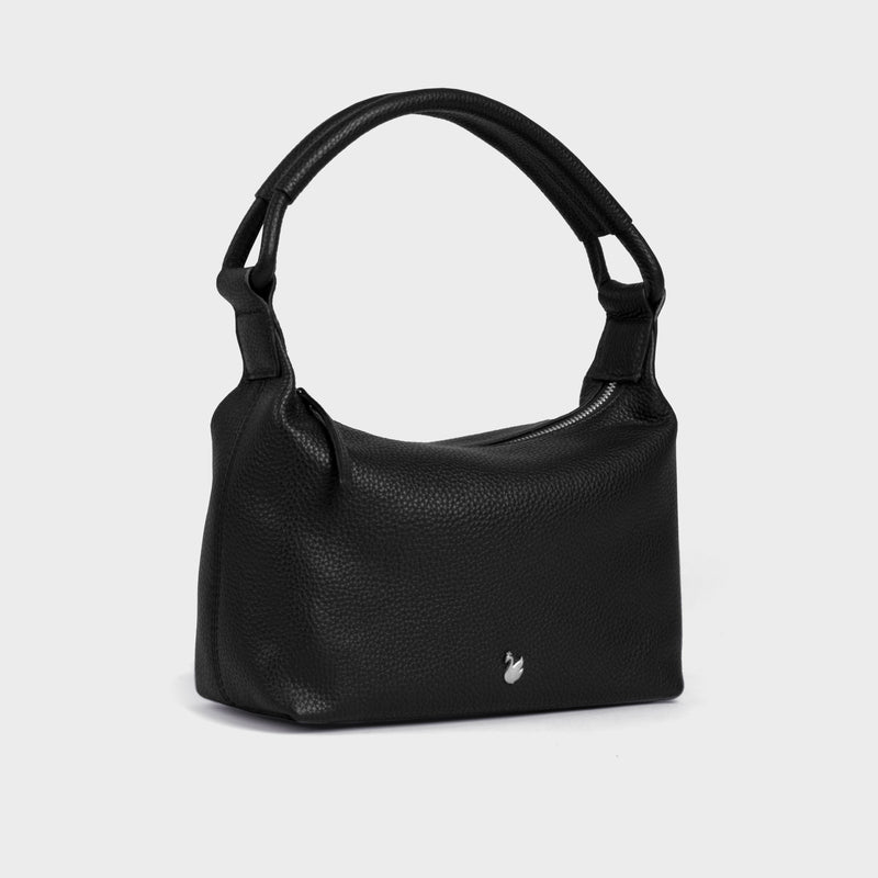 'CITY BAG' Black Soft Pebble Grain Real Leather Shoulder Bag