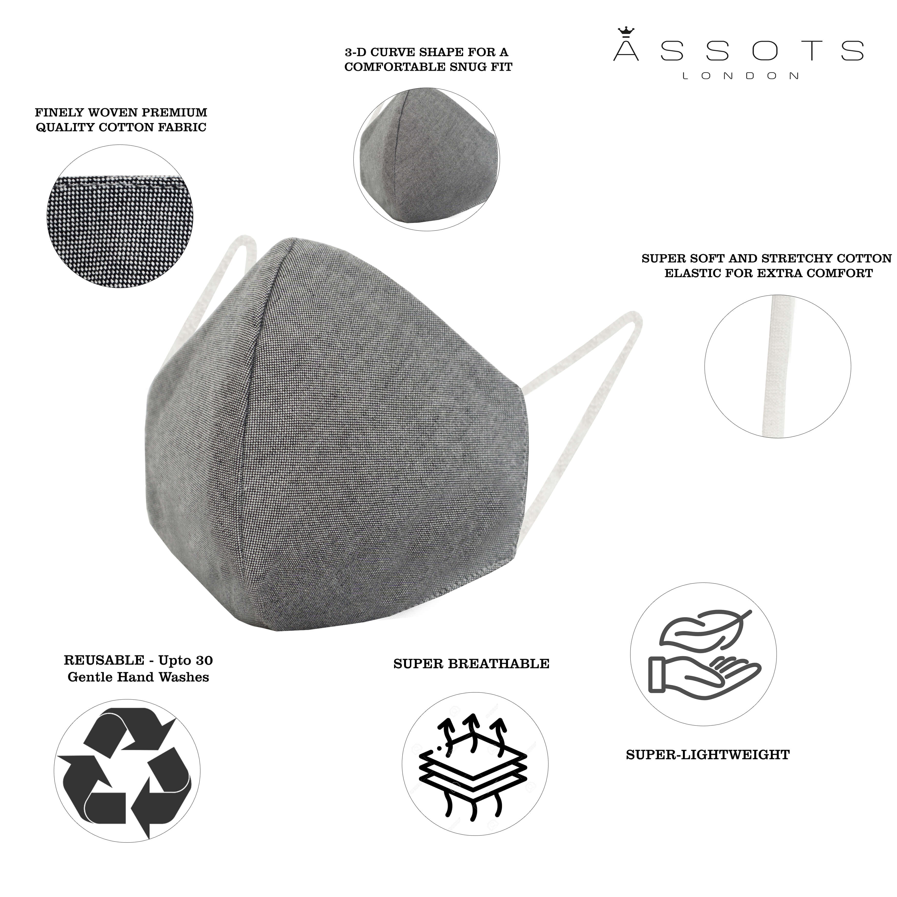 Pack of 3 Pure Cotton 4-layer Protective Premium Unisex Washable Grey Face Mask