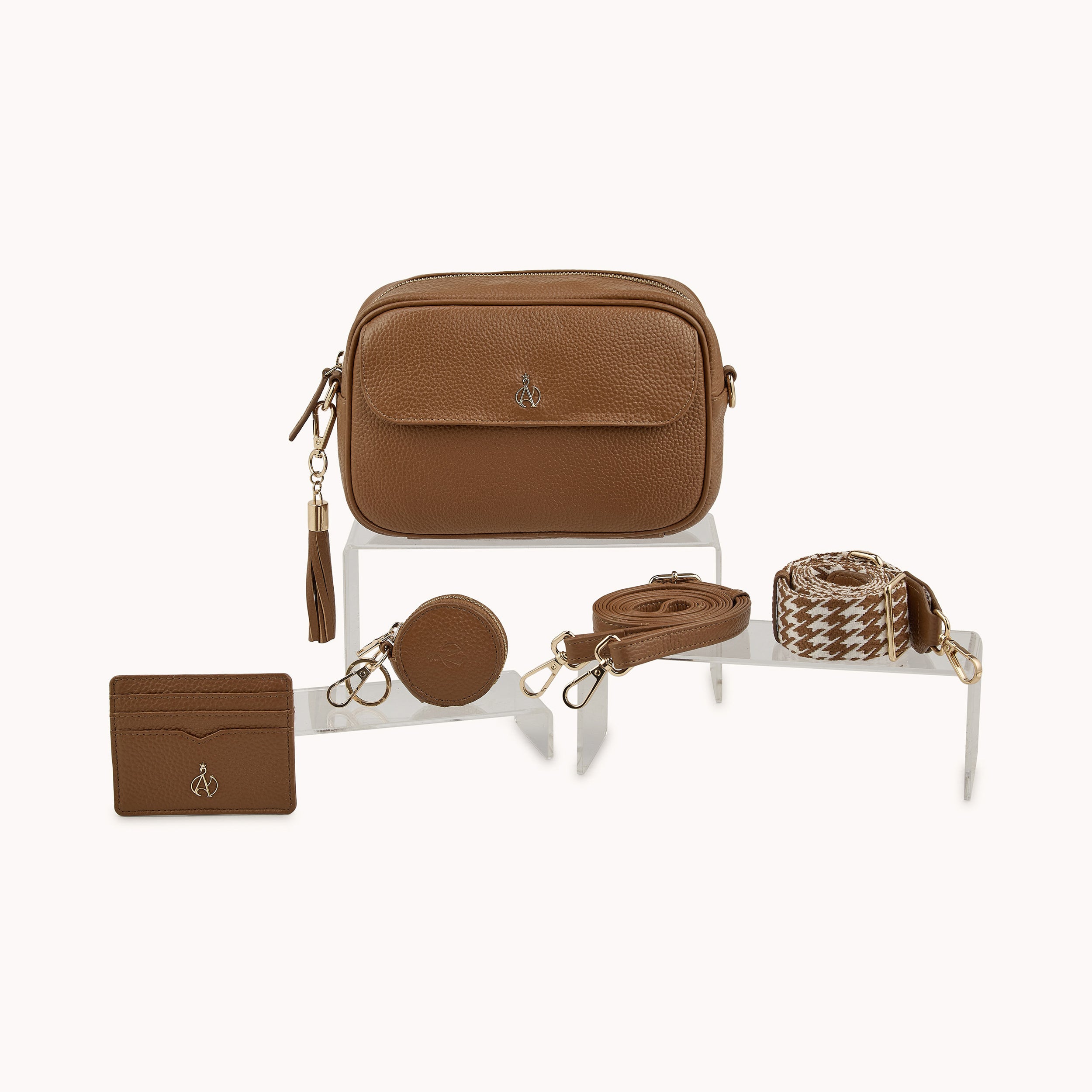 'HACKNEY' Tan Pebble Grain Real Leather Crossbody Bag