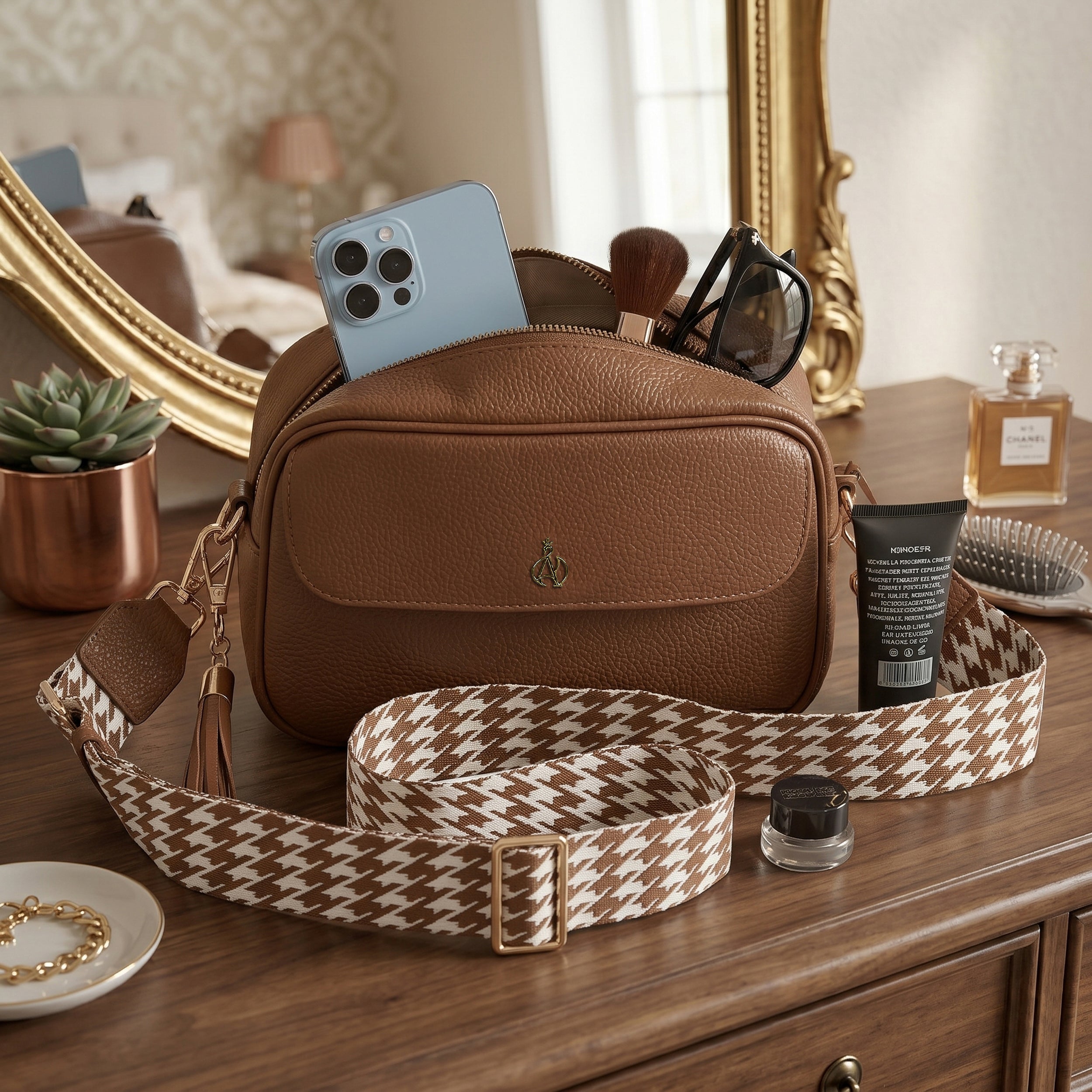 'HACKNEY' Tan Pebble Grain Real Leather Crossbody Bag