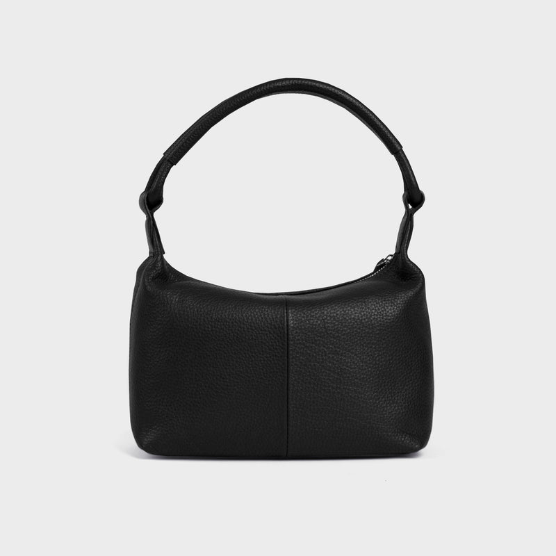 'CITY BAG' Black Soft Pebble Grain Real Leather Shoulder Bag