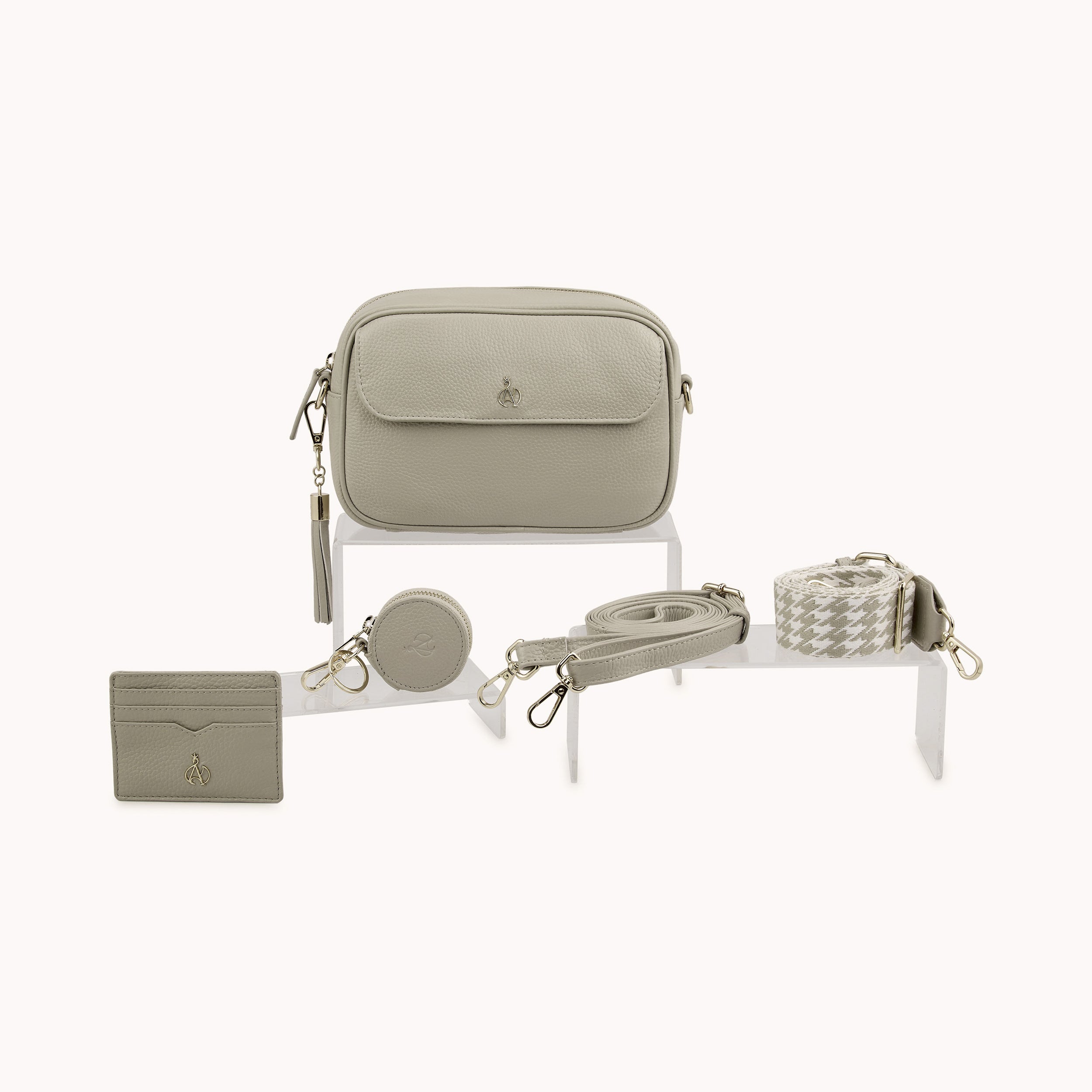 'HACKNEY' Fog Grey Pebble Grain Real Leather Crossbody Bag