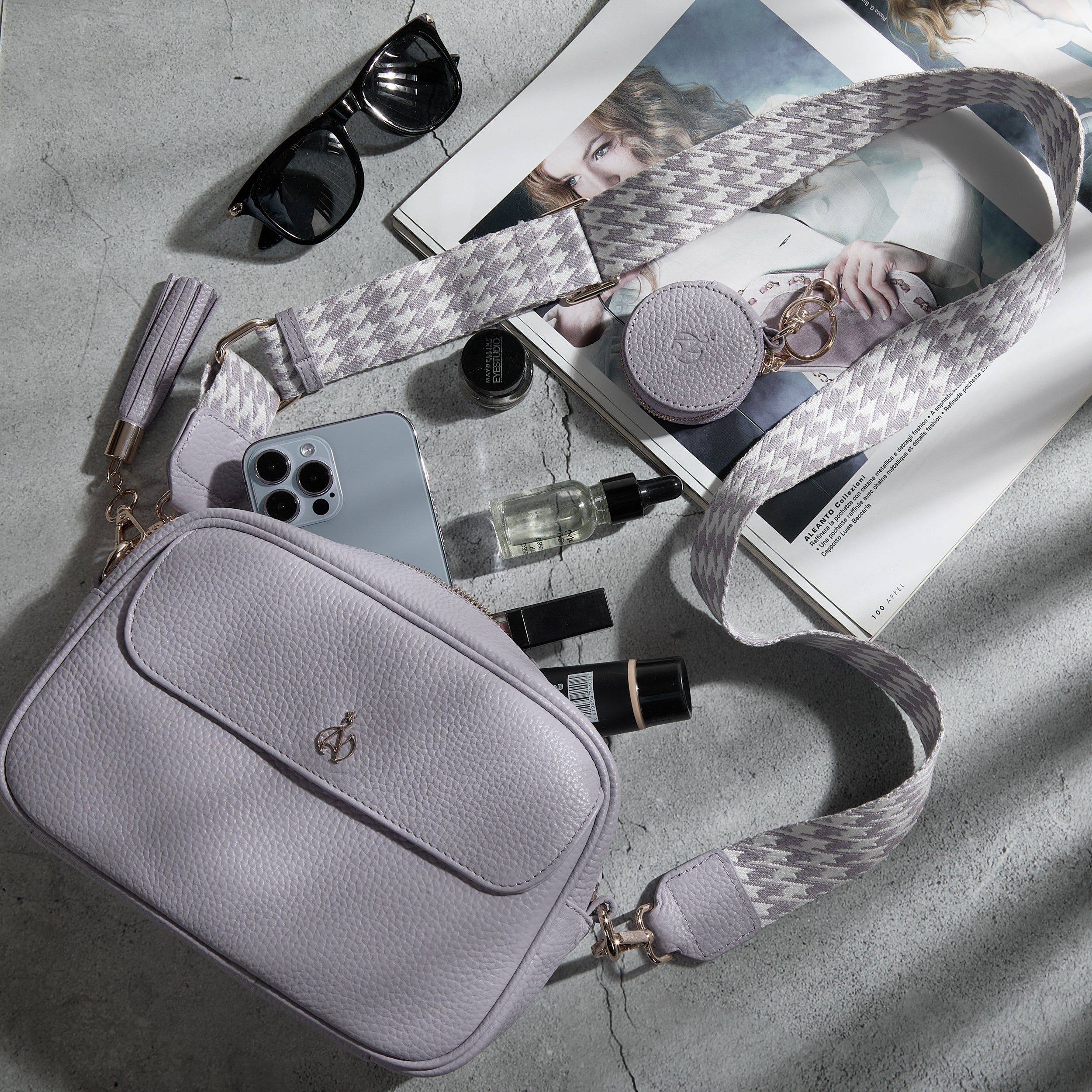 'HACKNEY' Lilac Pebble Grain Real Leather Crossbody Bag