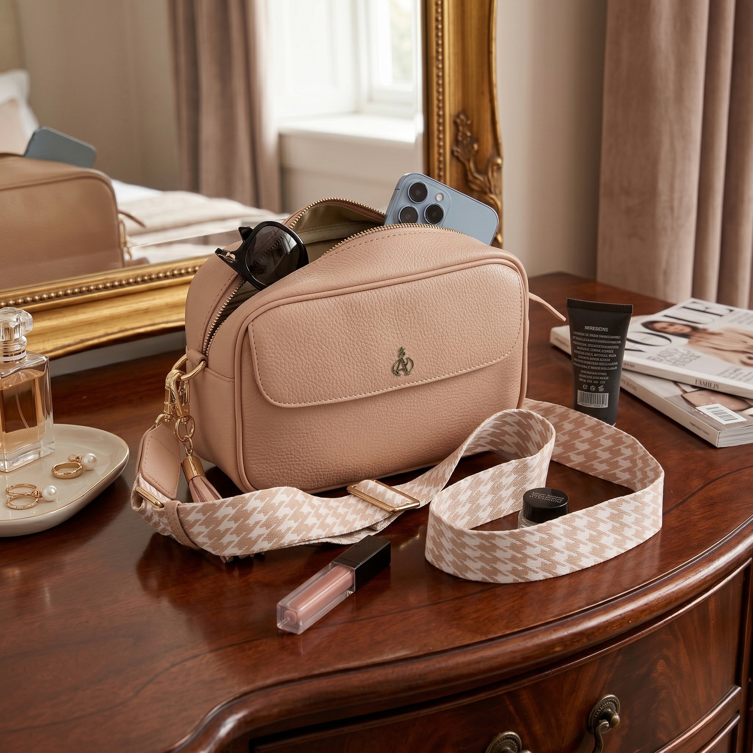 'HACKNEY' Peach Pebble Grain Real Leather Crossbody Bag