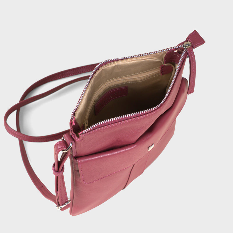 'AMBA' Carmine Pink Soft Nappa Full Grain Real Leather Crossbody Bag