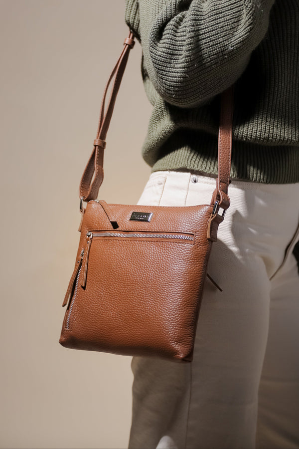 'RUE' Tan Pebble Grain Real Leather Crossbody Bag