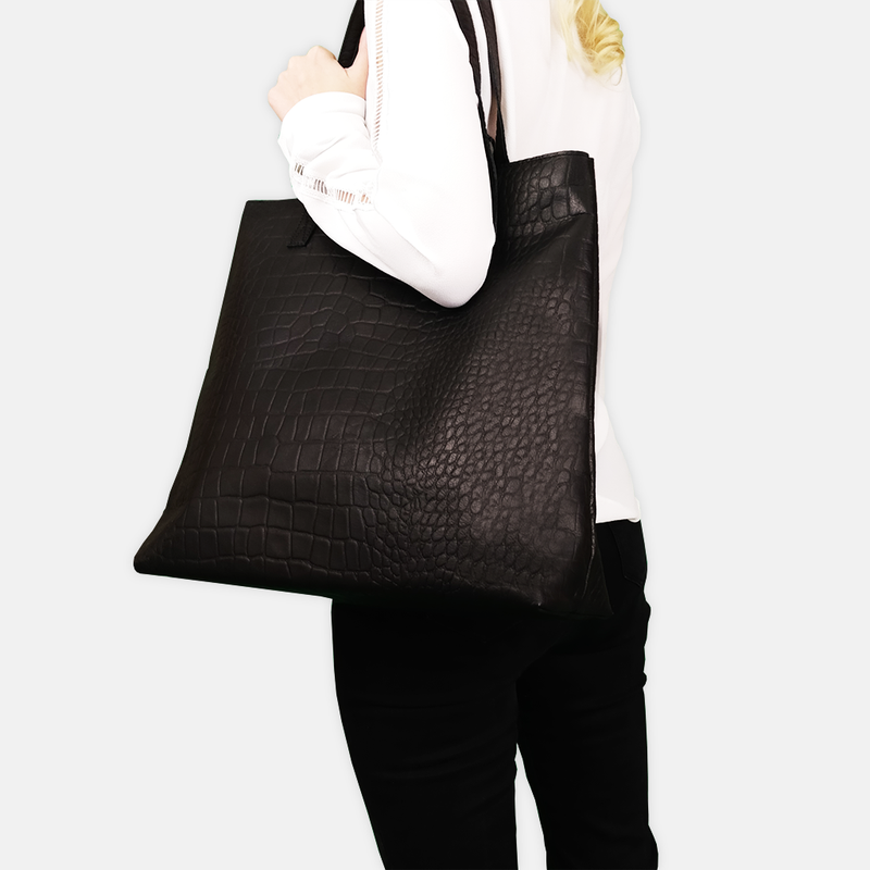 'FREYA' Black Semi Structured Unlined Croc Leather Tote Bag
