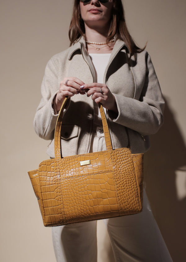 'JUDITH' Mustard Croc Real Leather Shoulder Bag