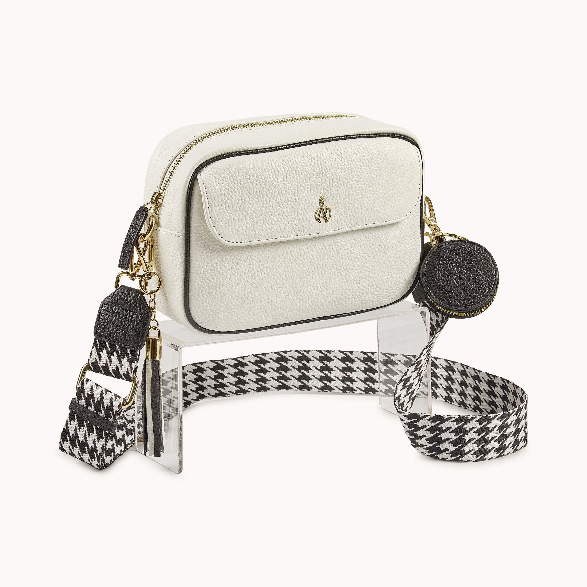 'HACKNEY' White & Black Pebble Grain Real Leather Crossbody Bag