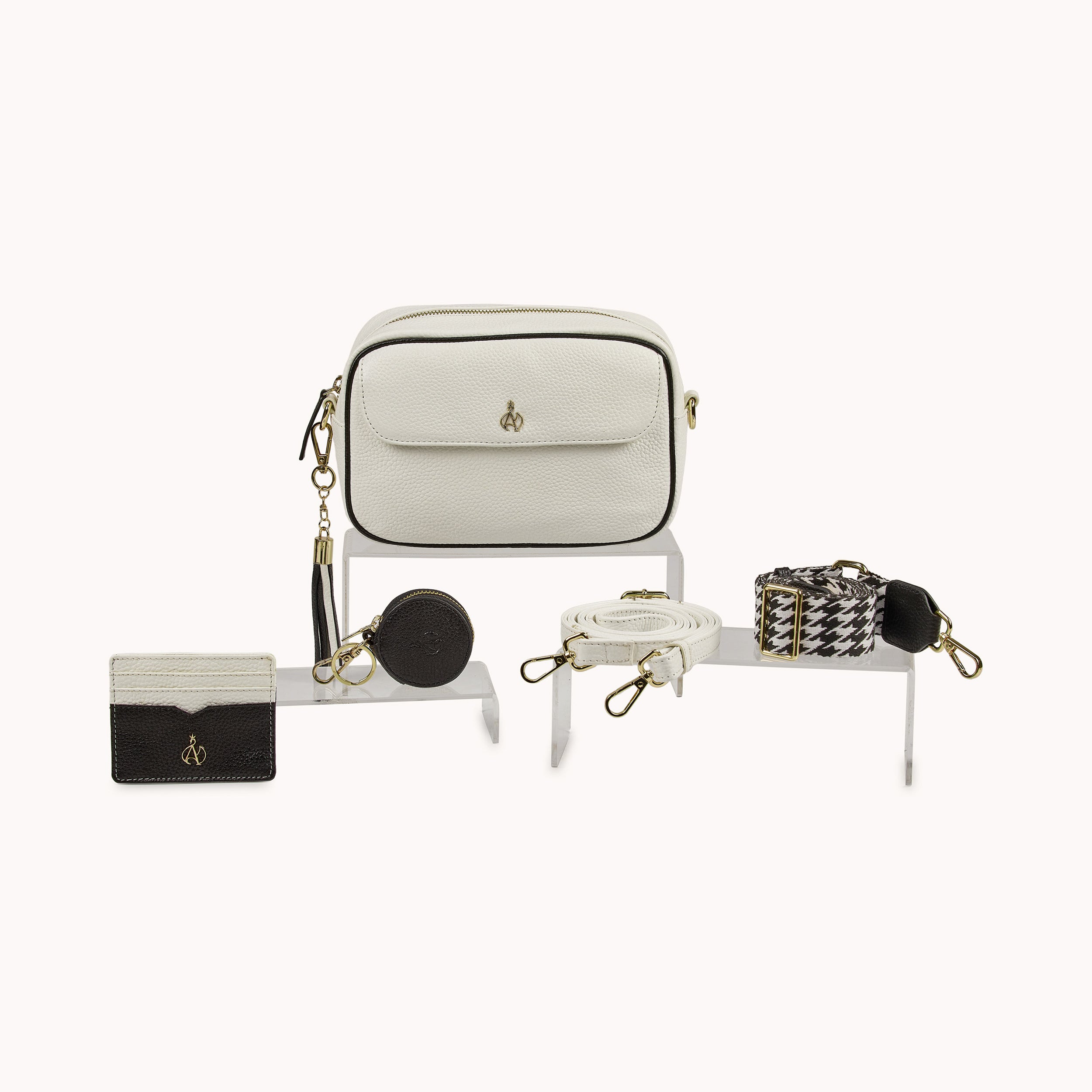 'HACKNEY' White & Black Pebble Grain Real Leather Crossbody Bag