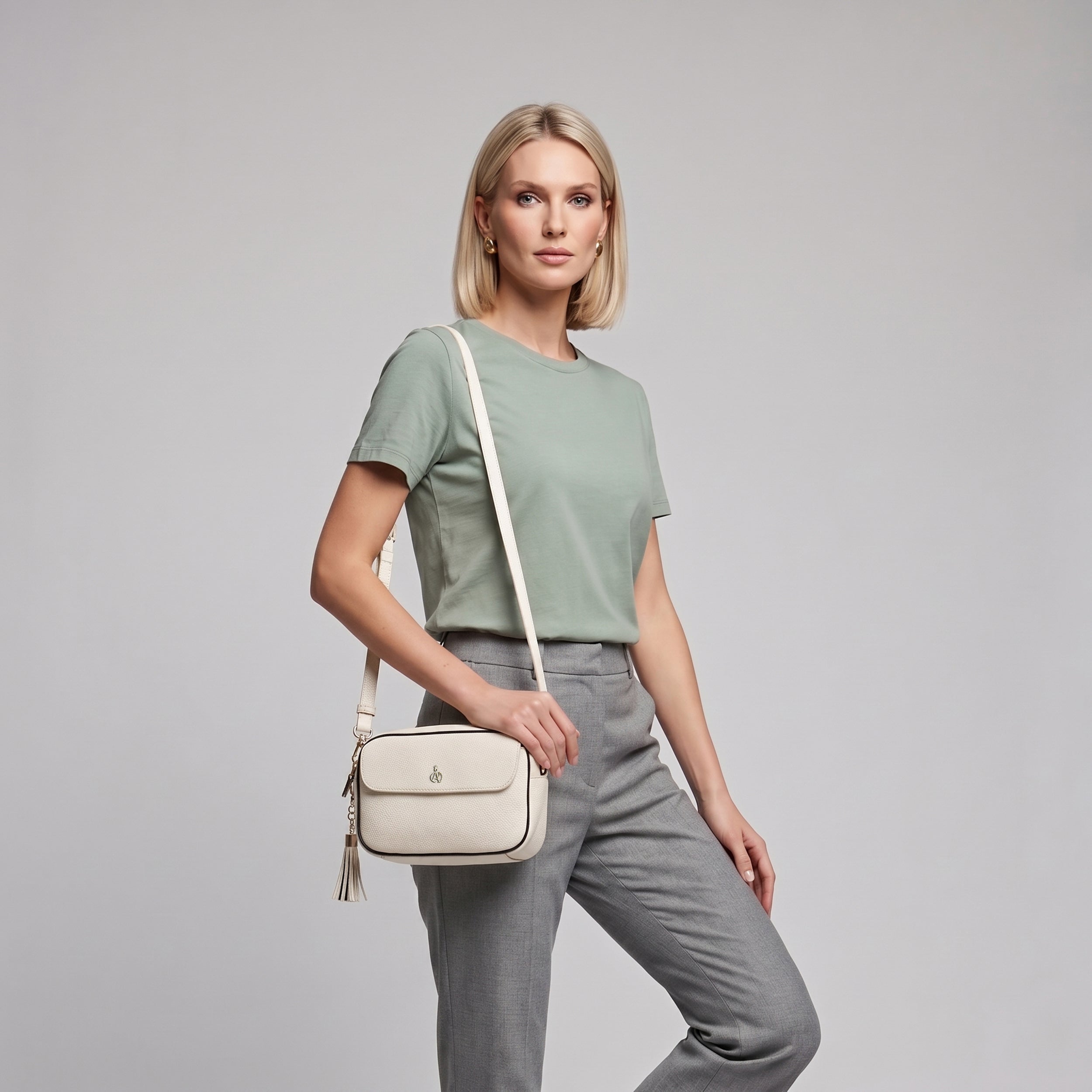 'HACKNEY' White & Black Pebble Grain Real Leather Crossbody Bag