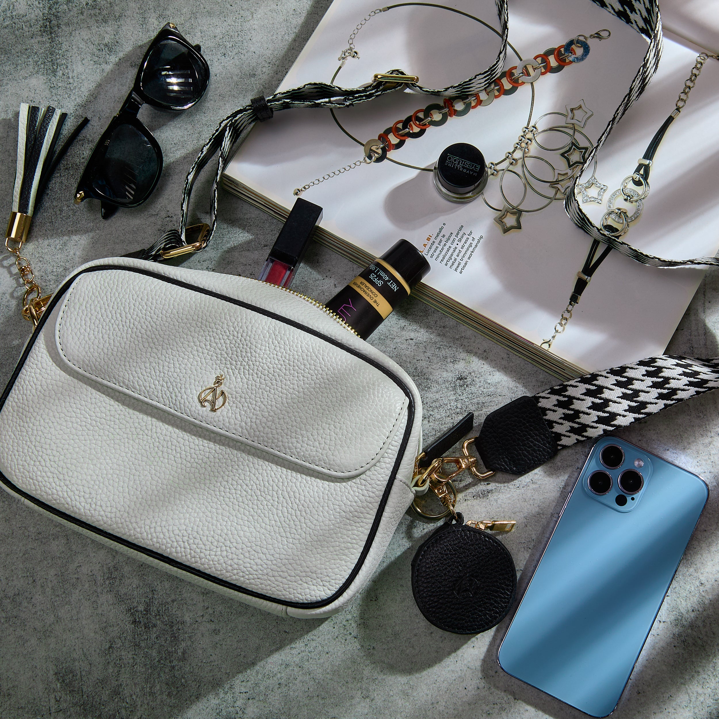 'HACKNEY' White & Black Pebble Grain Real Leather Crossbody Bag