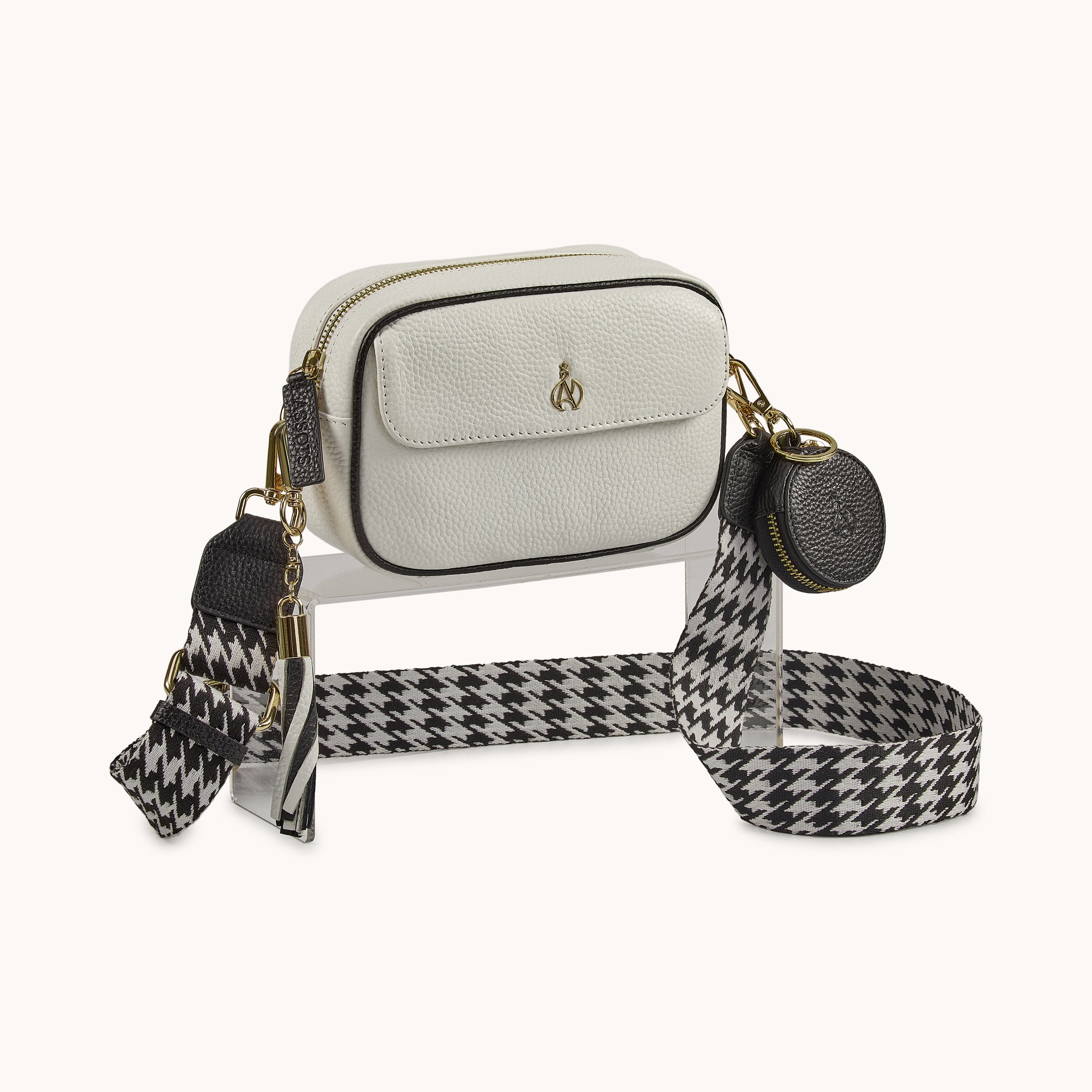 'HACKNEY MINI' White & Black Pebble Grain Real Leather Crossbody Bag