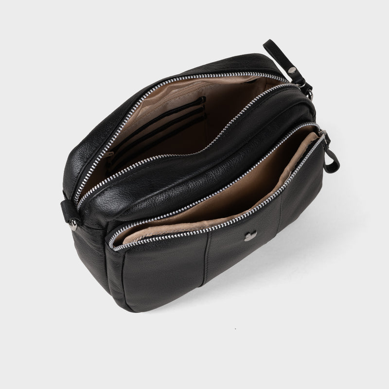 'KEW' Black Soft Nappa Full Grain Real Leather Crossbody Bag