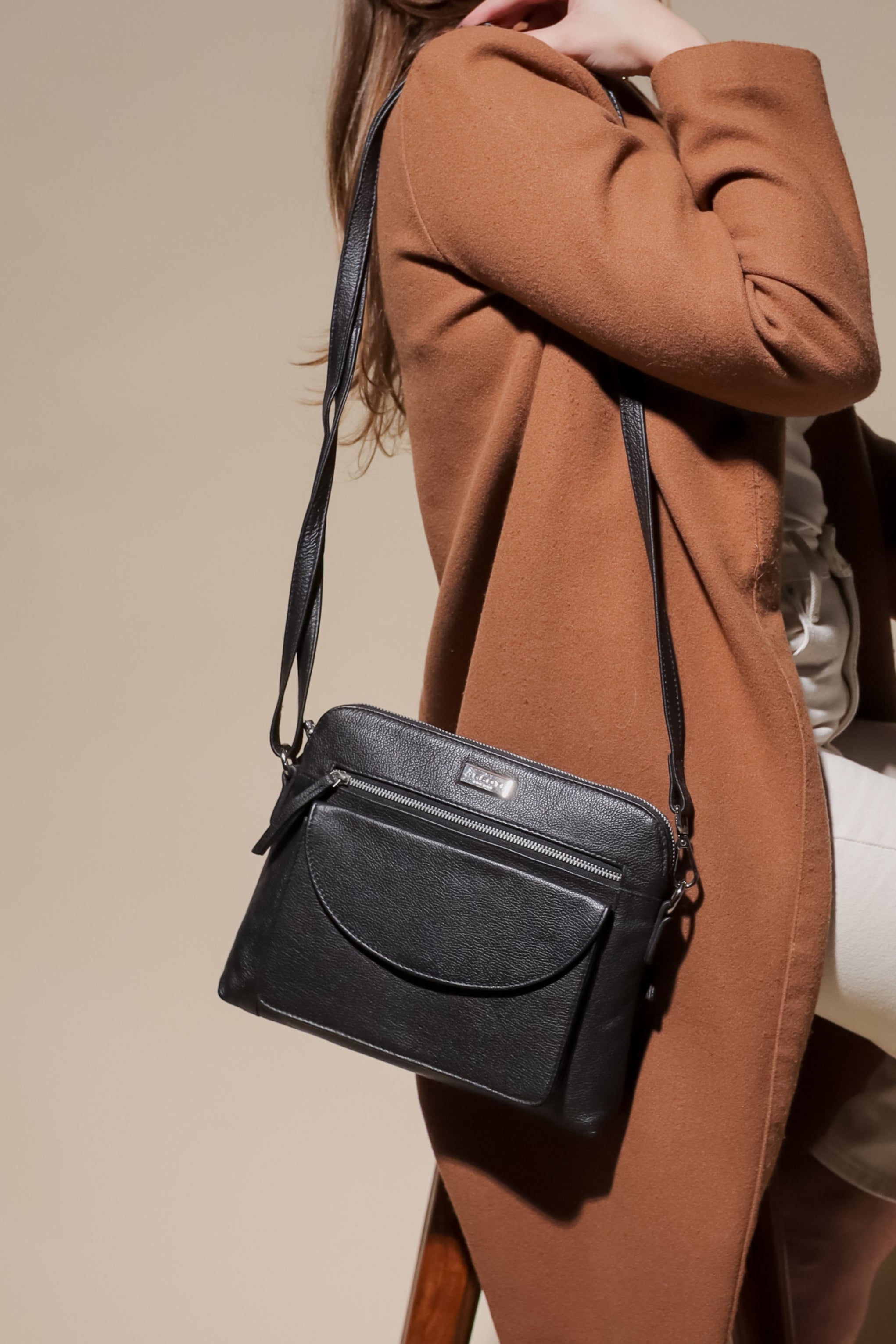 'JEAN' Black Real Soft Pebble Grain Leather Crossbody Bag