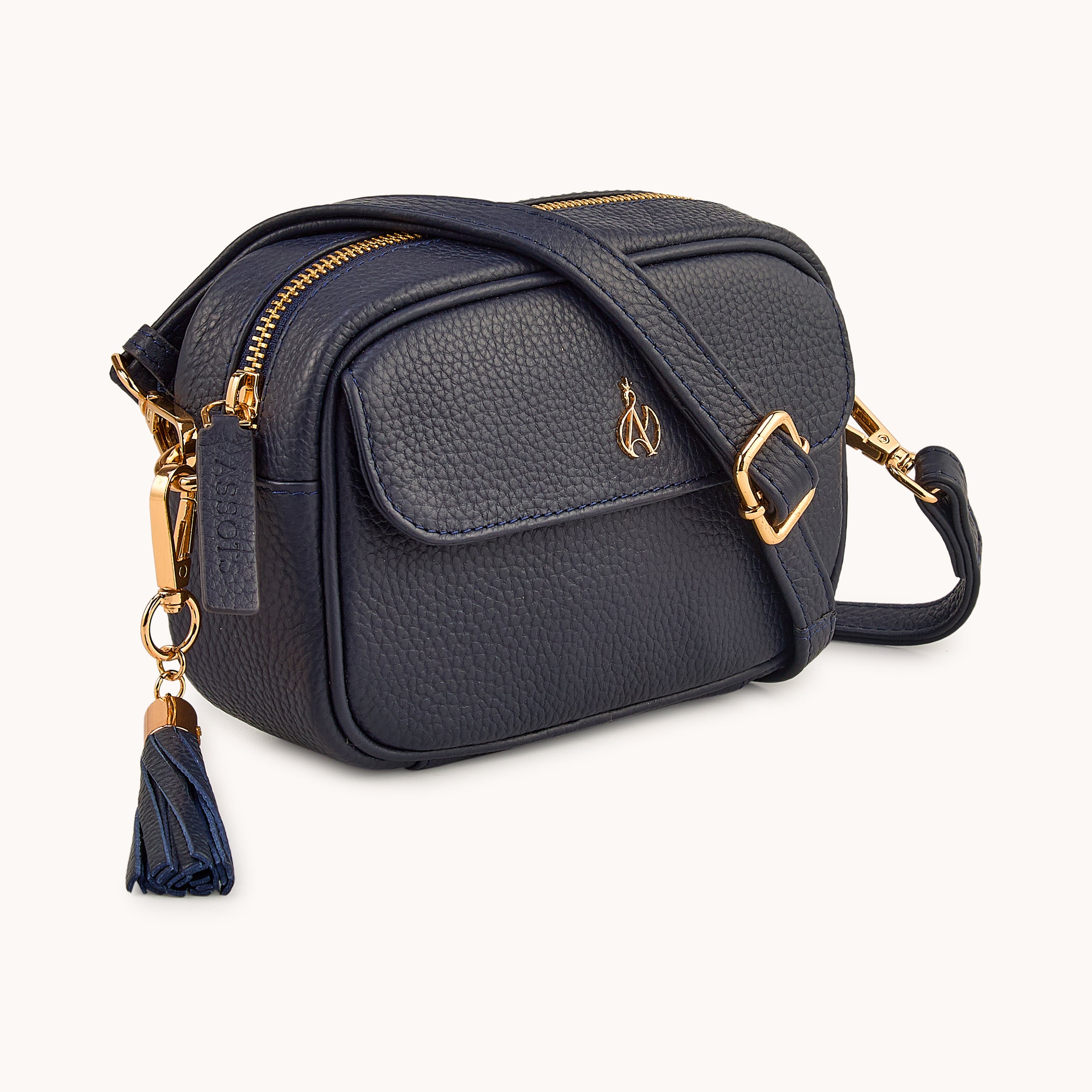 'HACKNEY MINI' Navy Pebble Grain Real Leather Crossbody Bag