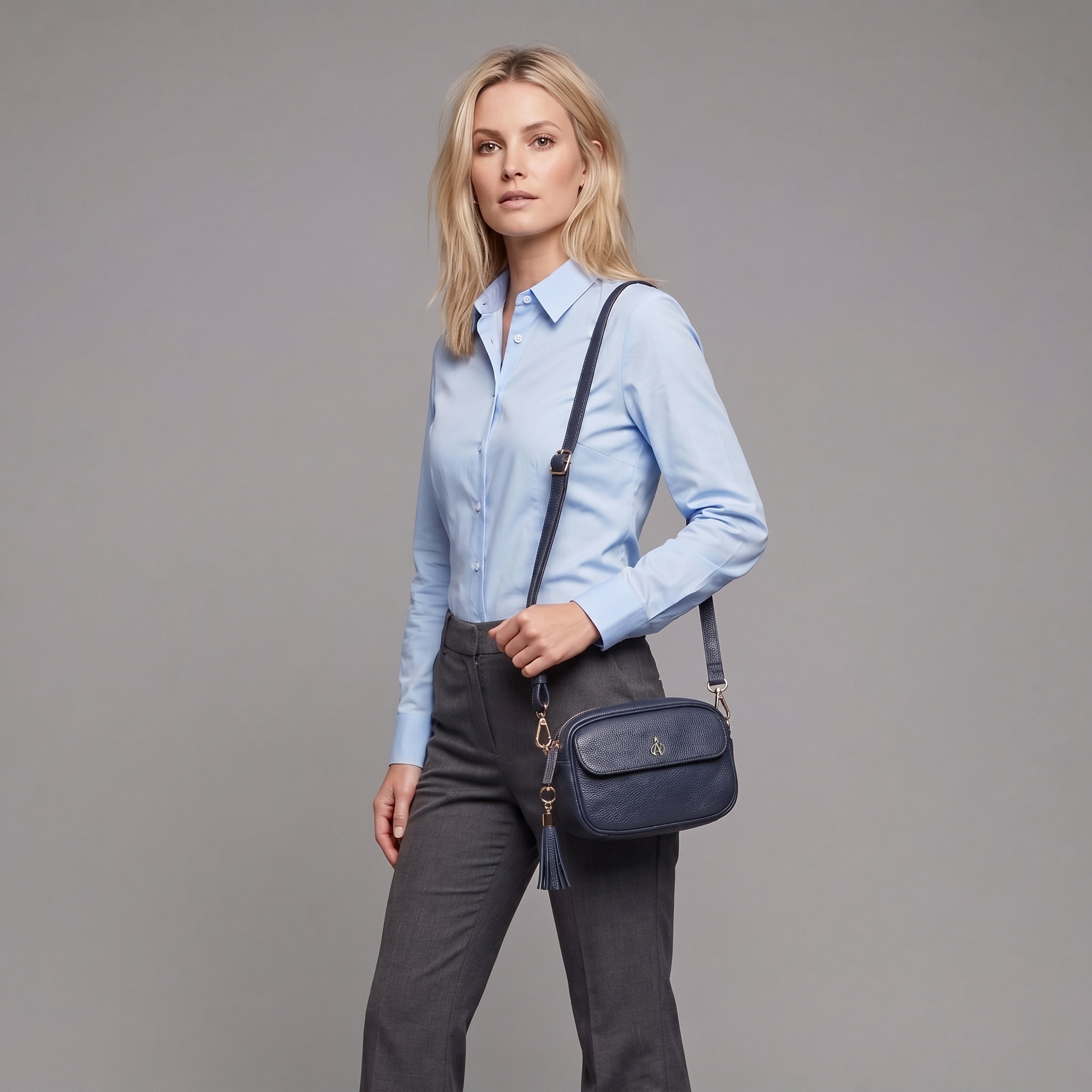 'HACKNEY MINI' Navy Pebble Grain Real Leather Crossbody Bag