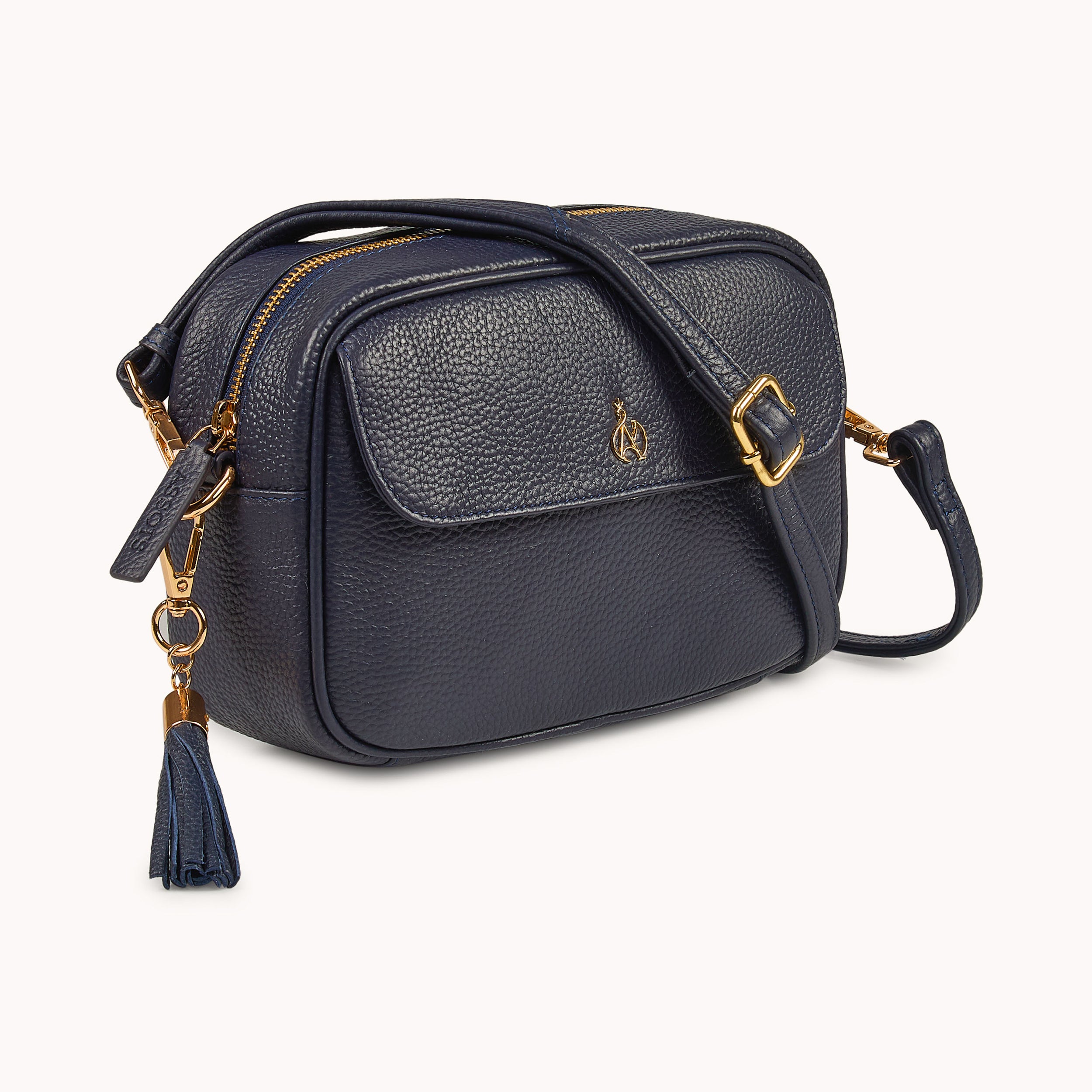 'HACKNEY' Navy Pebble Grain Real Leather Crossbody Bag
