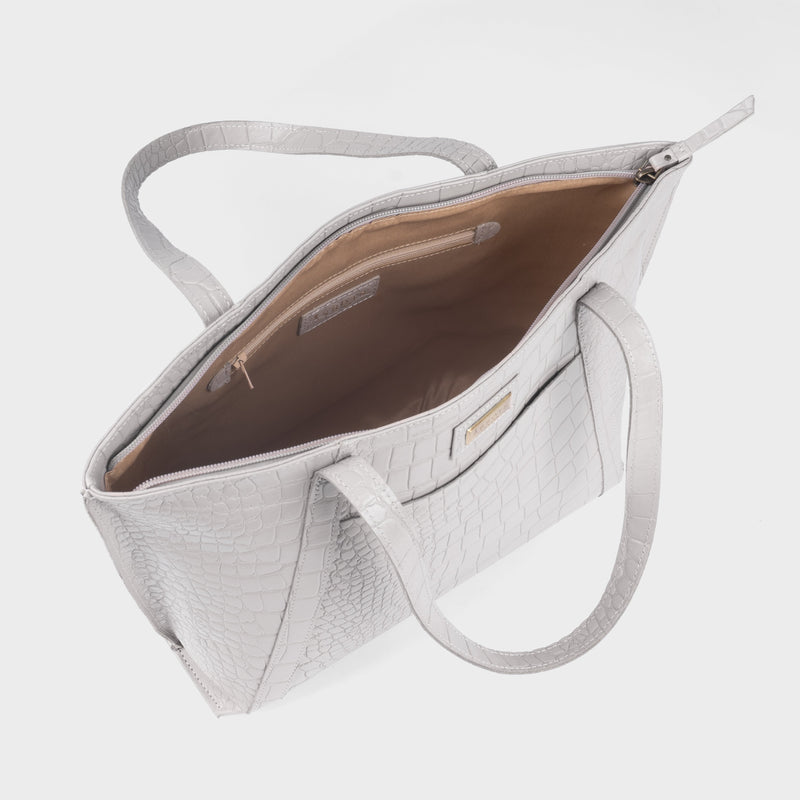'AGNES' Ice Grey Croc Real Leather Designer Tote Bag