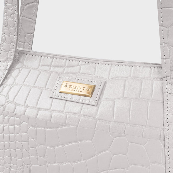 'AGNES' Ice Grey Croc Real Leather Designer Tote Bag