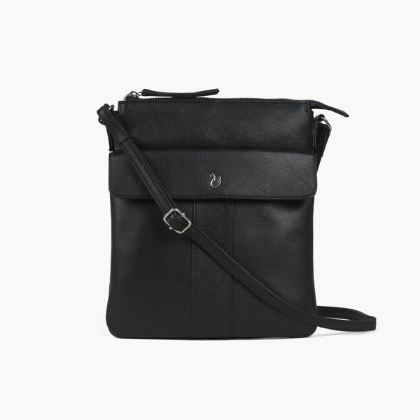 'AMBA' Black Soft Nappa Full Grain Real Leather Crossbody Bag