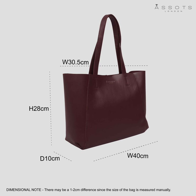 'ADELA' Burgundy Smooth Real Leather Unlined Designer Tote Bag