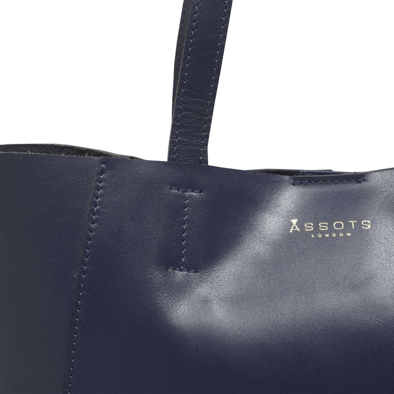 'ADELA' Navy Smooth Real Leather Unlined Designer Tote Bag