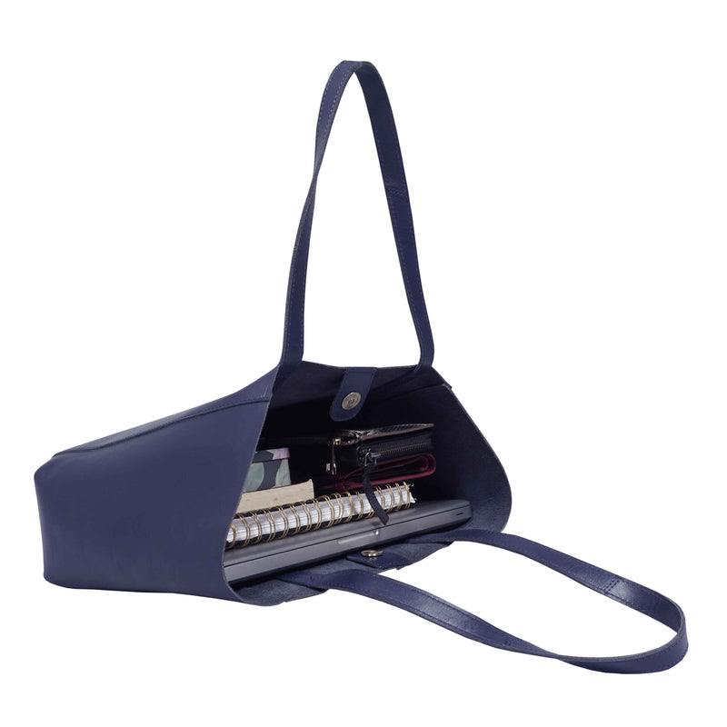 'ADELA' Navy Smooth Real Leather Unlined Designer Tote Bag