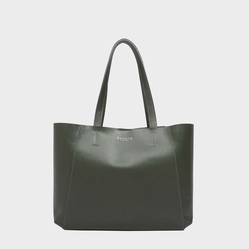 'ADELA' Khaki Smooth Real Leather Unlined Designer Tote Bag