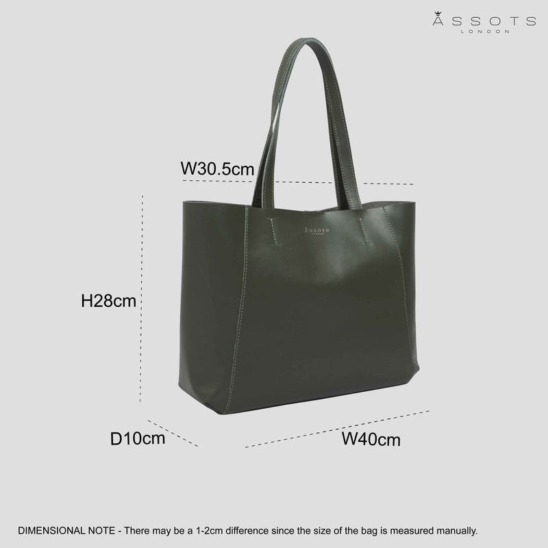 'ADELA' Khaki Smooth Real Leather Unlined Designer Tote Bag