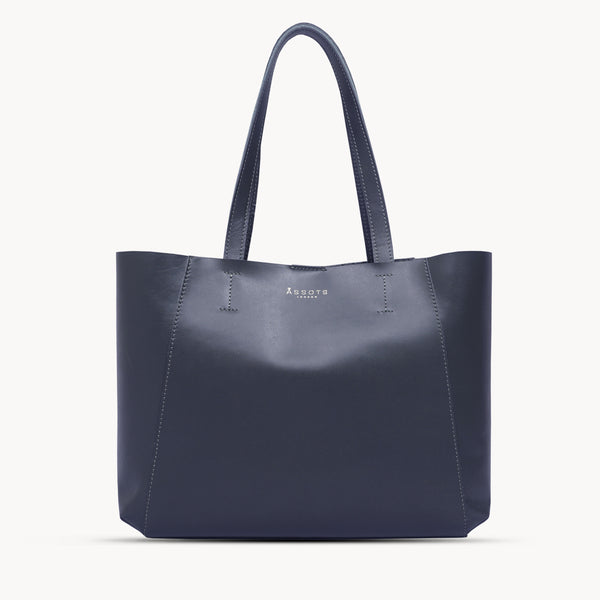 'ADELA' Navy Smooth Real Leather Unlined Designer Tote Bag