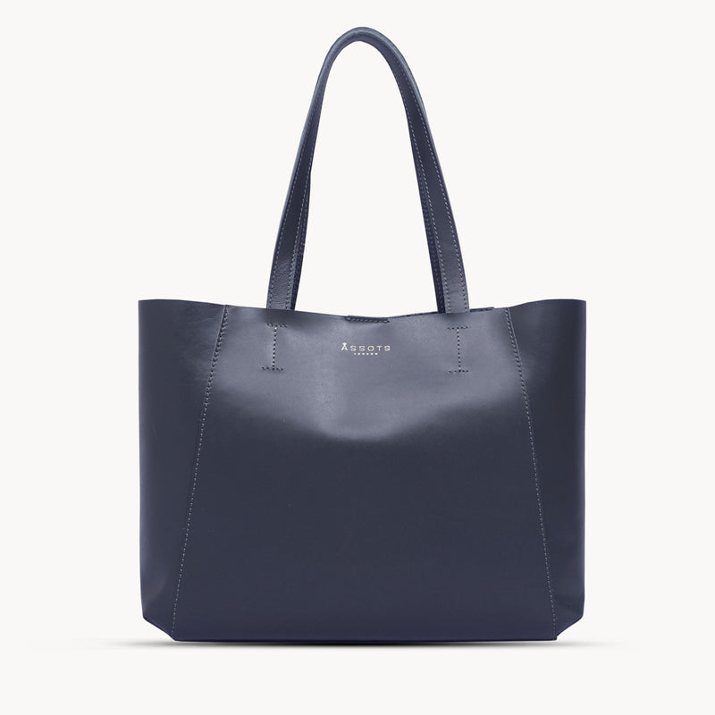 'ADELA' Navy Smooth Real Leather Unlined Designer Tote Bag