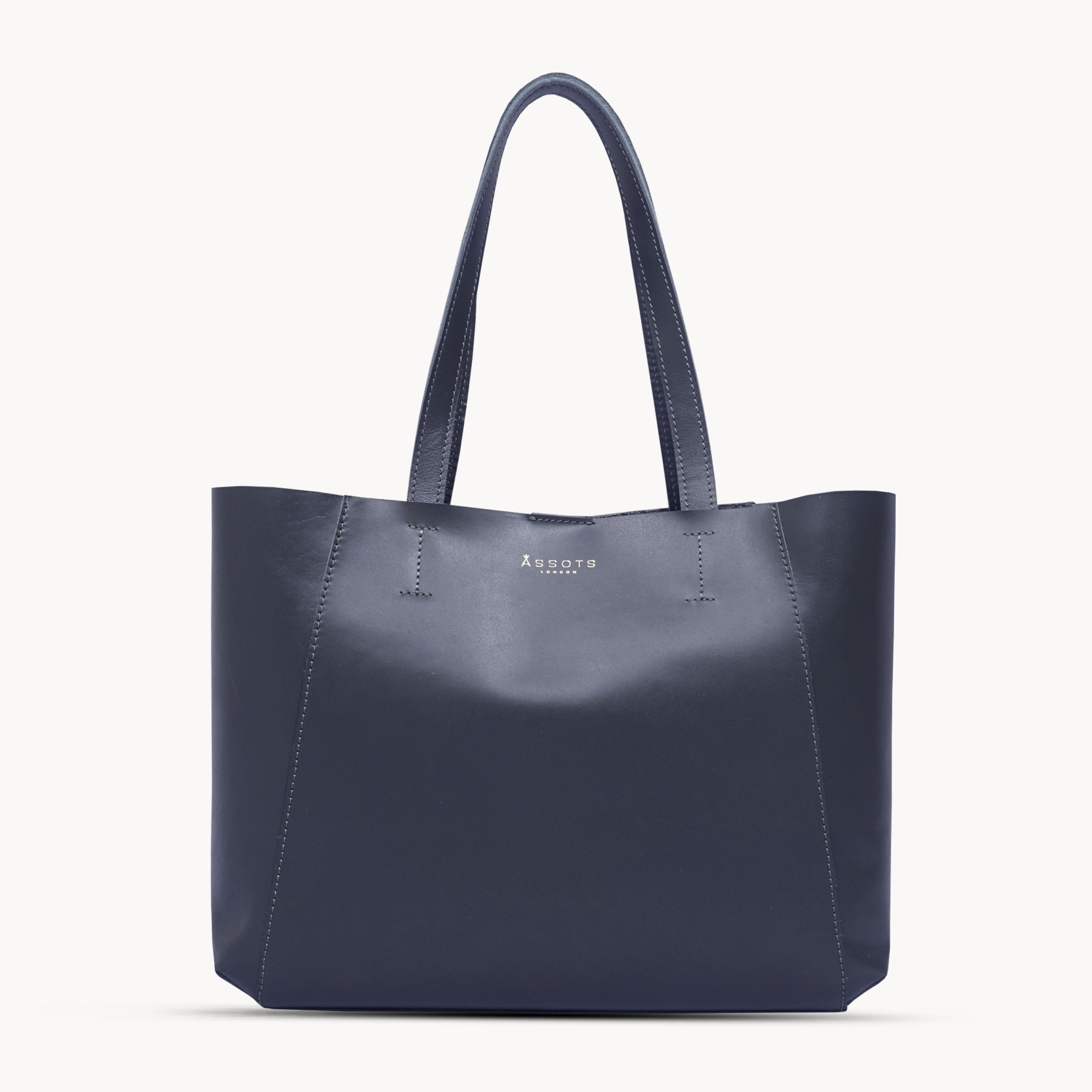 'ADELA' Navy Smooth Real Leather Unlined Designer Tote Bag