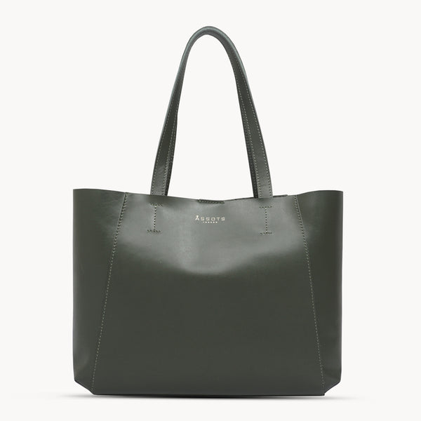 'ADELA' Khaki Smooth Real Leather Unlined Designer Tote Bag