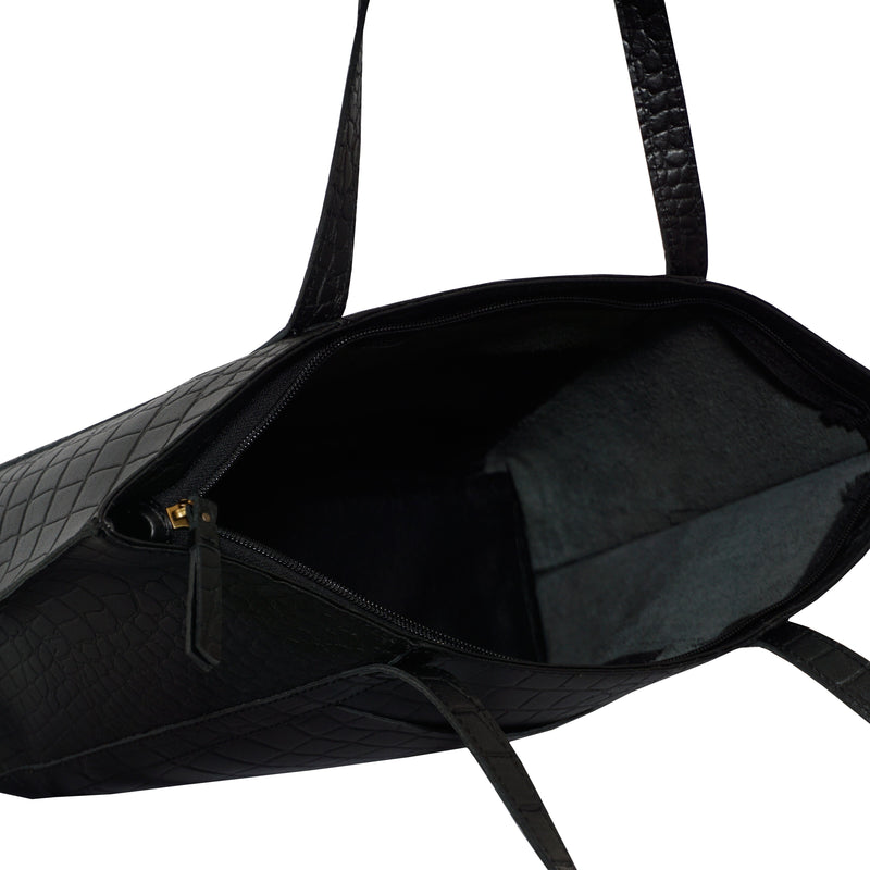 'AGNES' Black Croc Real Leather Designer Tote Bag