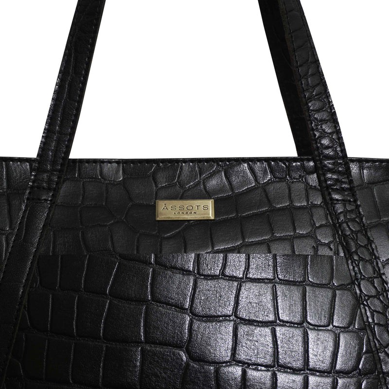 'AGNES' Black Croc Real Leather Designer Tote Bag