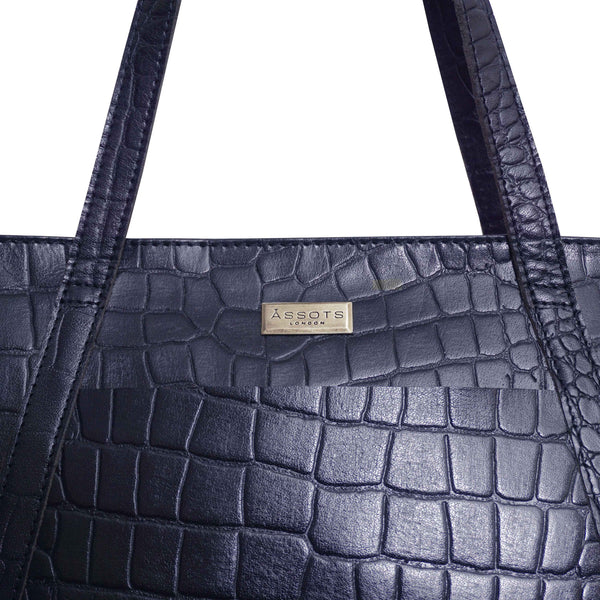 'AGNES' Navy Croc Real Leather Designer Tote Bag