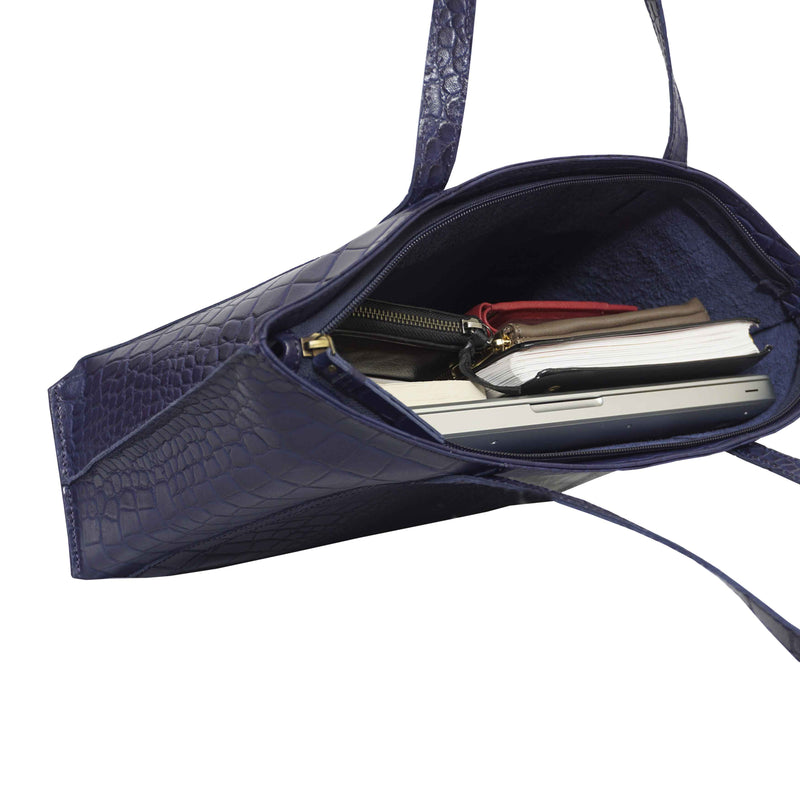 'AGNES' Navy Croc Real Leather Designer Tote Bag