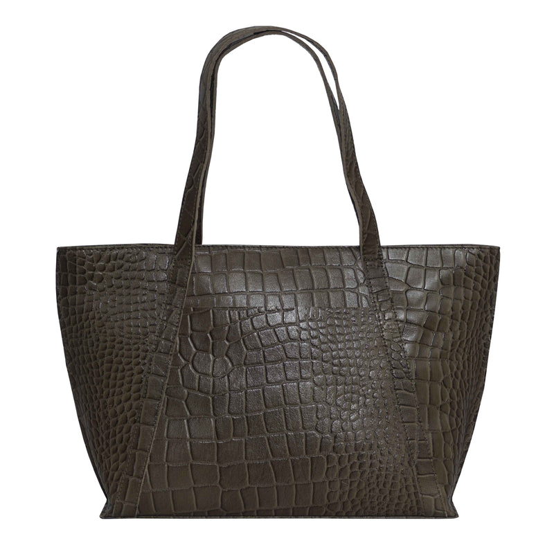 'AGNES' Olive Croc Real Leather Designer Tote Bag