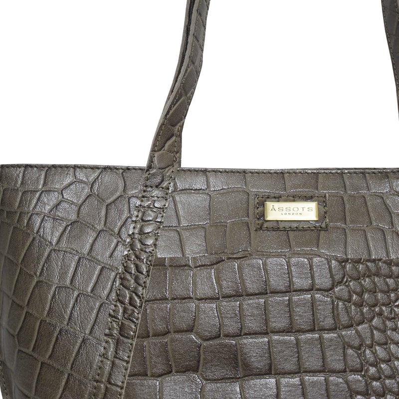 'AGNES' Olive Croc Real Leather Designer Tote Bag