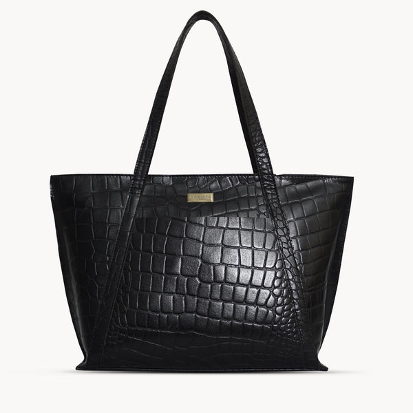 'AGNES' Black Croc Real Leather Designer Tote Bag