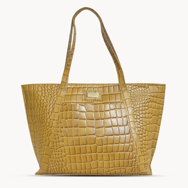 'AGNES' Ochre Mustard Croc Real Leather Designer Tote Bag