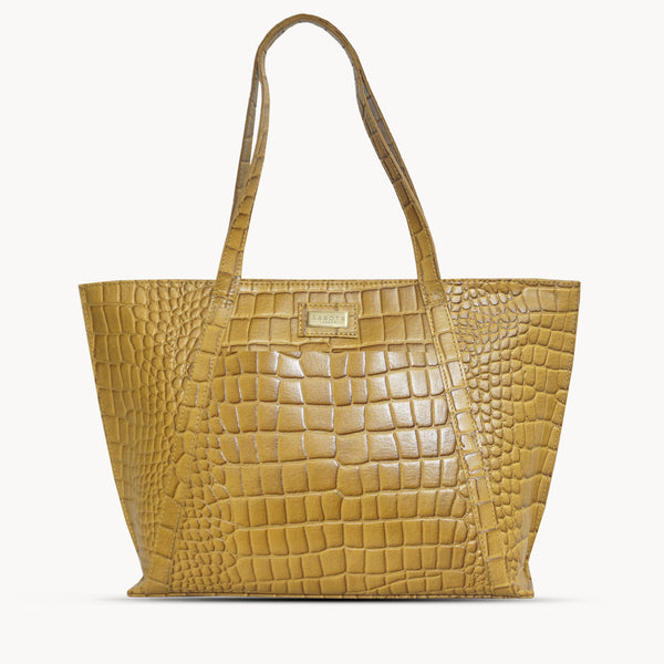 'AGNES' Ochre Mustard Croc Real Leather Designer Tote Bag