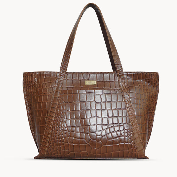 'AGNES' Tan Croc Real Leather Designer Tote Bag
