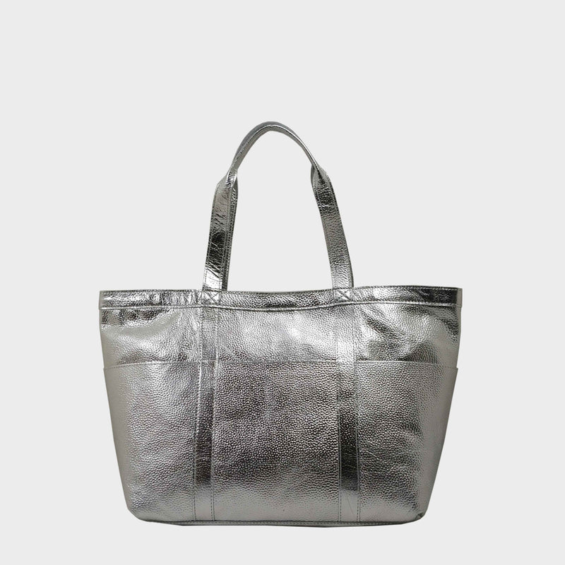 'ALICE' Silver Metallic Semi Soft Full Grain Oversized Leather Shopper Bag