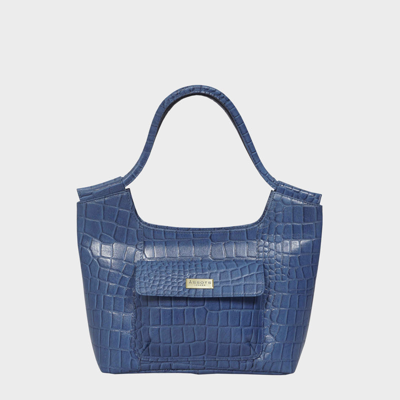 'Amanda' Blue Real Croc Textured Leather Designer Shoulder Bag