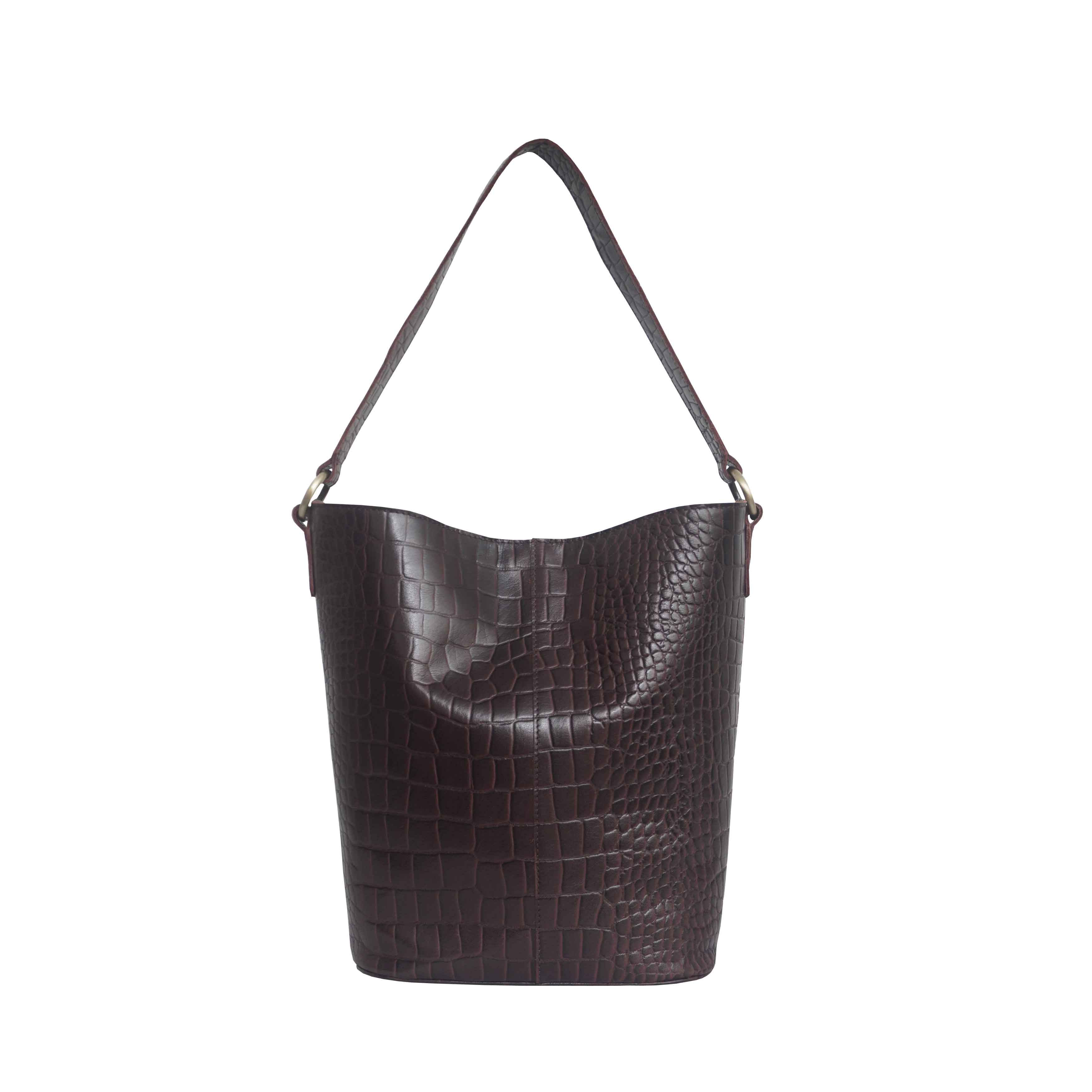 'AMELIA' Burgundy Real Croc Leather Large Capacity Bucket Bag