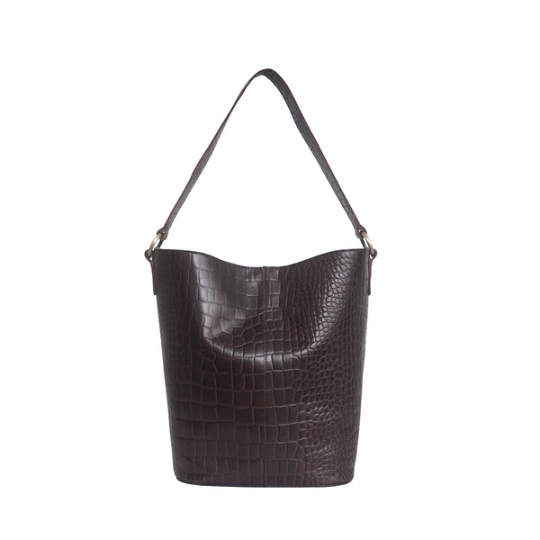 'AMELIA' Burgundy Real Croc Leather Large Capacity Bucket Bag