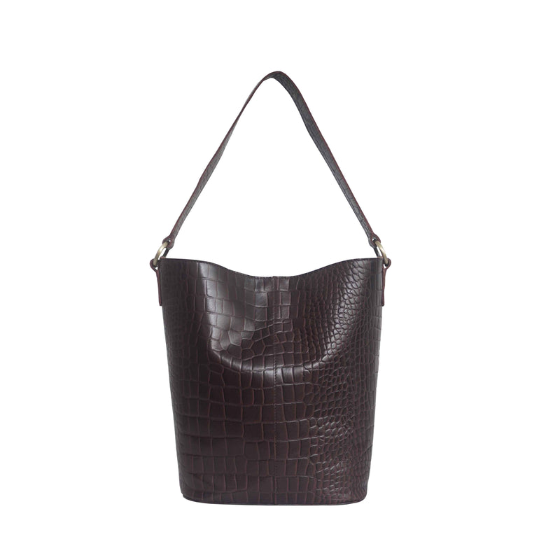 'AMELIA' Burgundy Real Croc Leather Large Capacity Bucket Bag